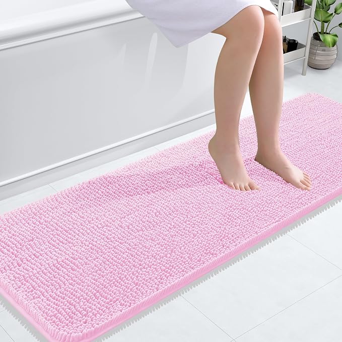 OLANLY Bathroom Runner Rugs 59x20, Extra Soft Absorbent Chenille Bath Rugs, Rubber Backing Quick Dry, Machine Washable Long Bath Mats for Bathroom Floor, Tub and Shower, Home Decor Accessories, Pink