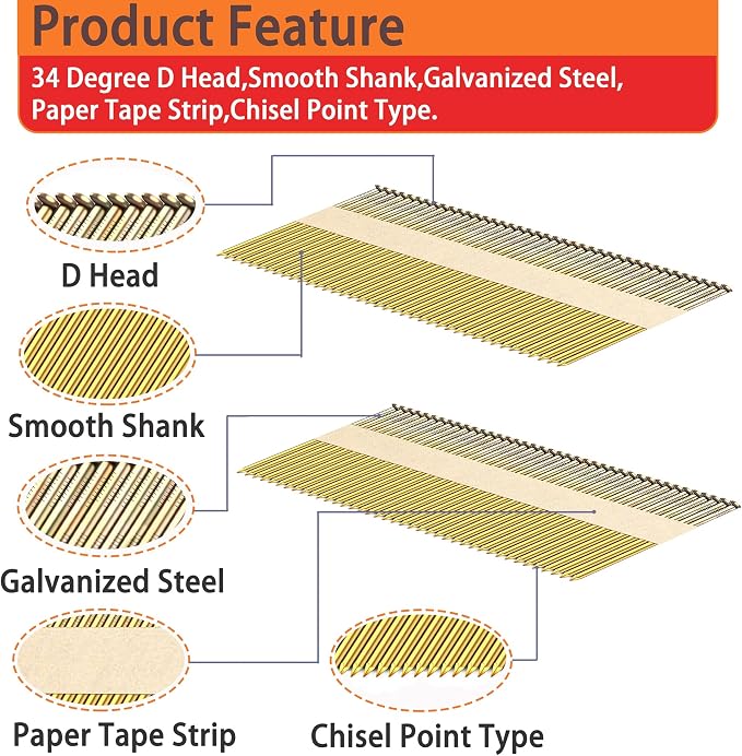 34°Framing Nails,Smooth Shank,2":1000pcs | D Head Nail Pack,Galvanized Paper Tape Strip Nails,for 30 to 34 Degree Framing Nailer