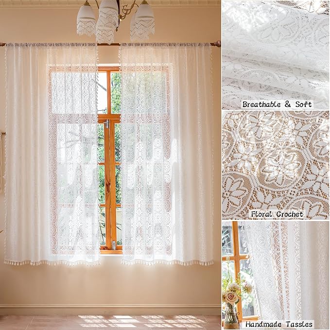 Sutuo Home White Boho Sheer Curtains 2 Panels for Kitchen Bedroom,Ivory Lace Curtains Crochet Floral Vintage Tassels Bohemian Drape Rustic Privacy Cottagecore Window Treatments Rod Pocket, 50" x 63"