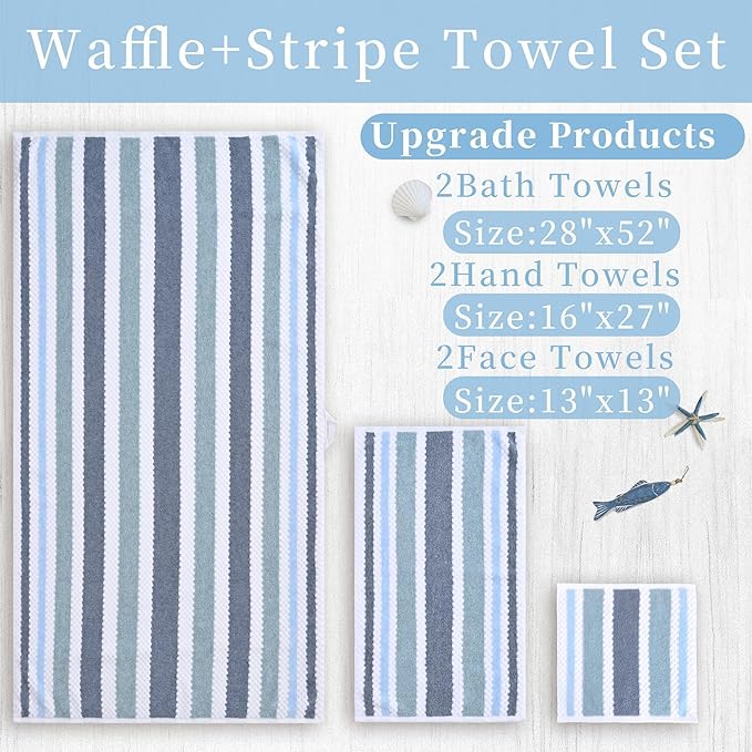 VOOVA & MOVAS Waffle 3PC Towel Set, Cotton, Blue Gray White | Large Bath 30x56 In, Hand 16x27 In, Wash Cloths 13x13 In, Quick Dry, Thick, 540GSM, With Hanging Loops
