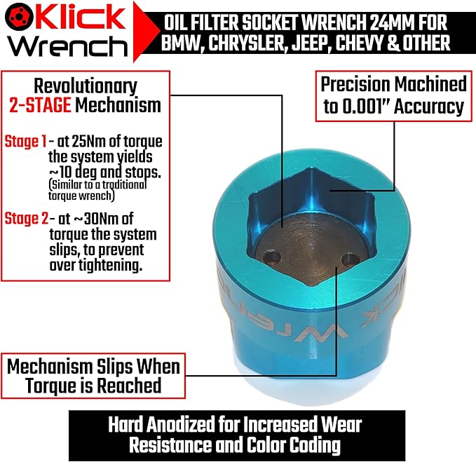 2 Stage 24mm Torque Limiting Oil Filter Wrench, Blue, 6061-T6 Aluminum