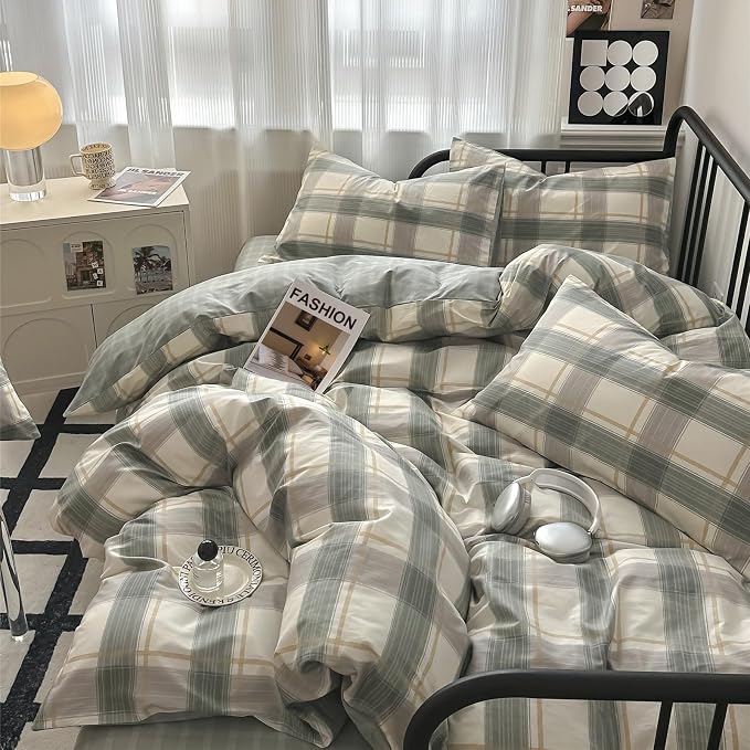 mixinni Full Size Buffalo Plaid Duvet Cover Set - 3 Piece Green White Geometric Bedding Set with Zipper Closure & Ties, 100% Washed Cotton Soft Breathable Duvet Cover for Men, Women, Teens (Full)