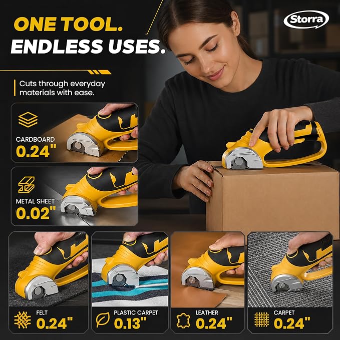 Cordless Electric Scissors, Rechargeable Cardboard Cutter, Rotary Fabric Cutter for Fabric, Carpet, Leather, Plastic & Packaging Materials, Safety Lock, LED Light, USB-C Charging, 75 Min Runtime