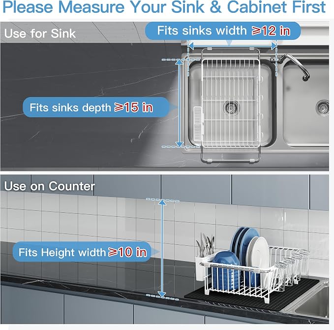 JASIWAY White Dish Drying Rack in Sink with Mat, Cups and Utensil Holder | Use Over the Sink or Counter, Stainless Steel Expandable Dish Drainer for Small Kitchen, Space Saving, Fast Drain, Rustproof