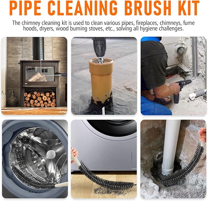30Feet Chimney Sweep Kit - 6 in Brush Head, Dryer Vent Cleaner, Rotary Cleaning System for Flue/Fireplace/Sewage Pipe/Hood With 23 Nylon Flexible Rods