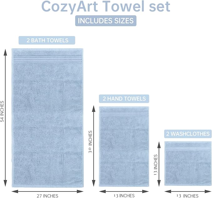 COZYART Luxury Bath Towel Set 3 PCS, Light Blue 100% Turkish Cotton 650 GSM | OEKO-Tex 100 Certified Zero Twist Ring Spun, Soft Absorbent Quick Dry, Plush Fluffy, Breathable Hotel Quality for Daily Use