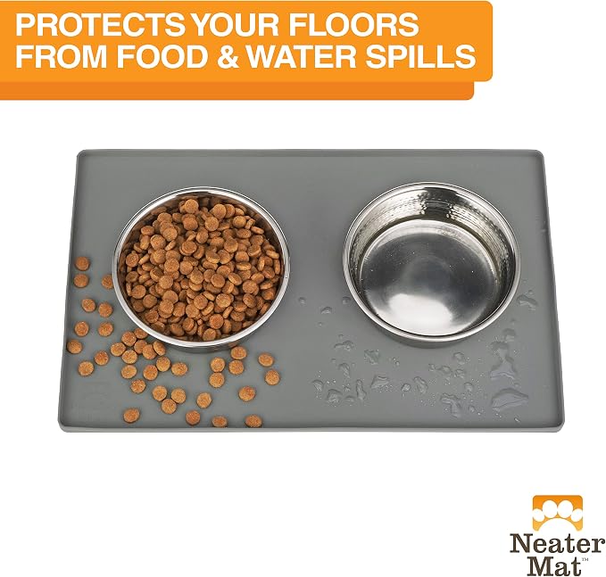Neater Pet Brands Neater Mat Pet Mats for Food and Water, Cat & Dog Bowl Mat Waterproof Silicone, Feeding Tray, Dog Food Mats for Floors, Placemat w/Raised Edge for Under Bowls, 32" x 24", Grey