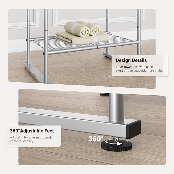 ELYKEN 40" H Freestanding Towel Rack with Shelf, 3 Tier Towel Stand, Silver | Metal Drying Rack for Oversized Bath Towels & Blankets, 4 Hooks, Indoor & Outdoor Use, Fits Bathroom, Tub, Shower, Poolside
