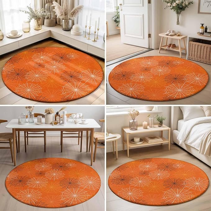 Round Area Rug 3', Orange Halloween Washable Small Area Rugs for Kitchen Bathroom Bedroom Office Laundry, Black White Net Halloween Non Slip Door Mat Indoor Entrance Floor Throw Circle Carpet