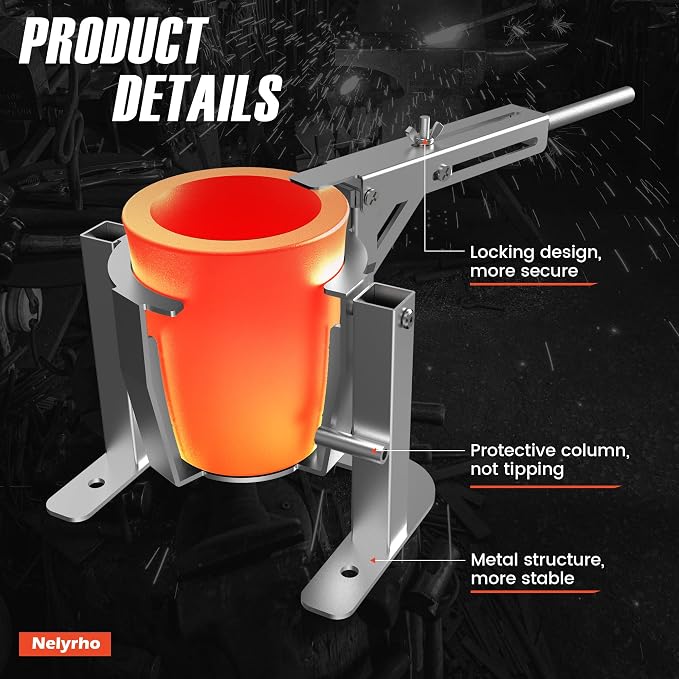 Nelyrho Handheld Crucible Pouring Tongs with Crucible #B6 (7kg-15.4lbs) | Includes pouring rack and graphite crucible, designed for use with melting furnaces, casting gold, silver, aluminium, brass