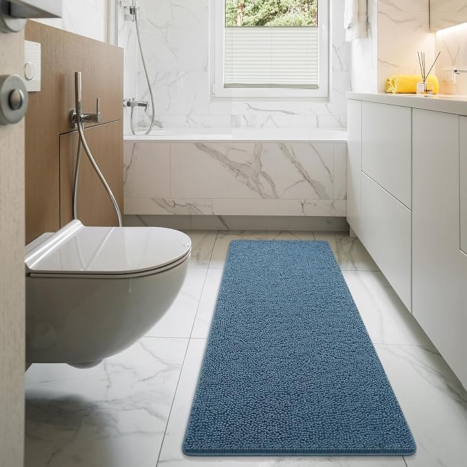 LOCHAS Luxury Bathroom Rug Shaggy Bath Mat 24 x 60 Inch, Denim Blue | Washable Non Slip Bath Rugs for Bathroom Shower, Soft Plush Chenille Absorbent Carpets