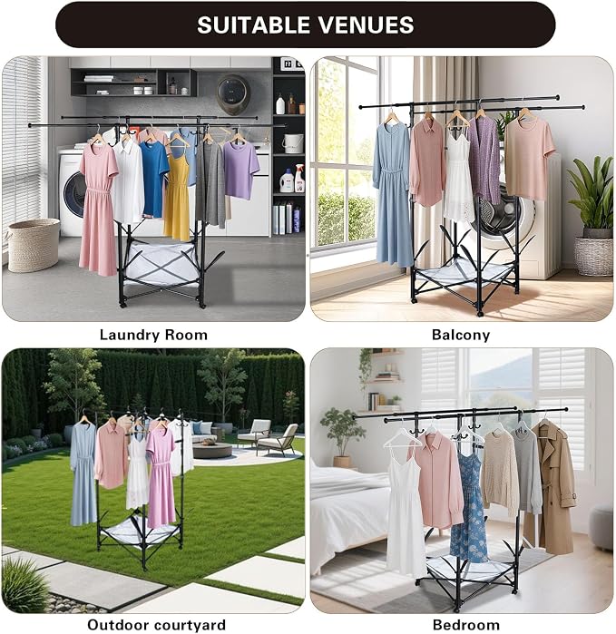 Foldable Drying Rack Clothing, Double Rod Extendable Clothes Drying Rack with Wheels, Sweater Drying Rack, Hat Rack, Shoes Drying Rack
