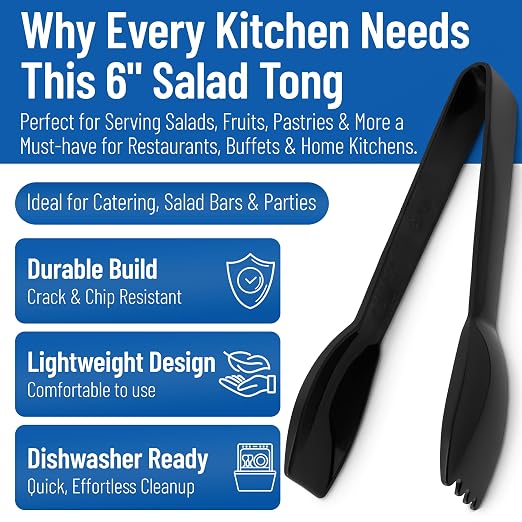 Carlisle FoodService Products Carly Salad Tong, 6" Salad Tong, Black (12 Pack)