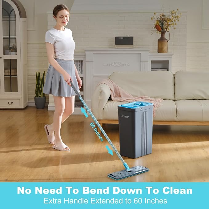 JOYMOOP Mop and Bucket Set, Mops for Floor Cleaning, Wall Mop Cleaner with Long Handle, with 6 Reusable Microfiber Mop Pads - Grey+Cyan Blue