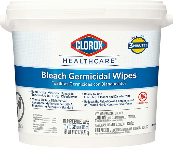 Clorox Healthcare Bleach Germicidal Wipes Bucket, 12" x 12", 110 Count Bucket (Package May Vary)