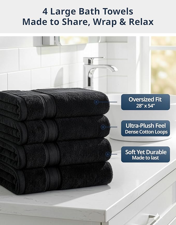 LANE LINEN 100% Cotton Bath Towels 4 Pack (28"x54") - Zero Twist, Mercerized Cotton Large Towel Set for Bathroom - Quick Dry, Soft & Absorbent Large Bath Towel Set - Oeko Tex Certified - Black Towels