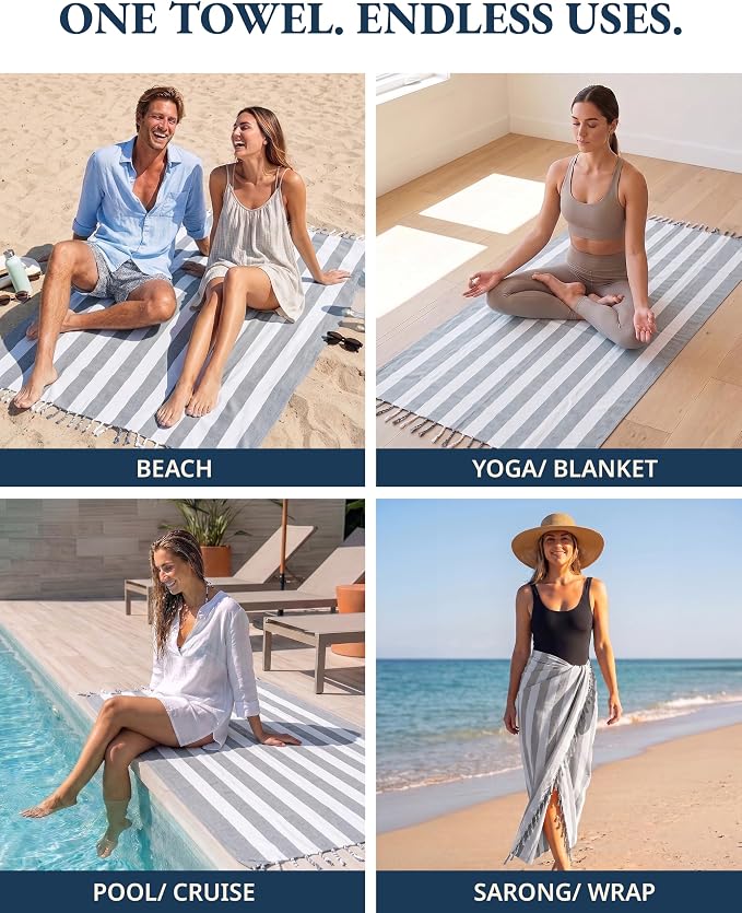 LANE LINEN 3 Pack Oversized Beach Towels, 39"x71", Quick Dry - Ocean Depth | Classic Cabana Stripe - Soft Pre-Washed Cotton Blend - Lightweight & Packable - Great For Pool, Swim & Travel - Pool Day