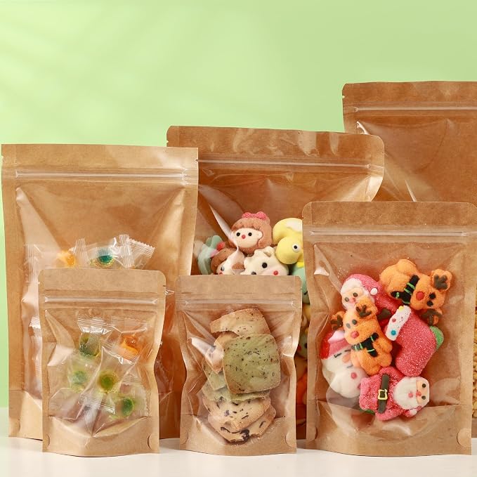 300 Pack Kraft Paper Bags with Clear Window 5x8 Reclosable Small Stand Up Mylar Bags for Food Storage Resealable Smell Proof Pouch, Edible Packaging, Reusable bags for Small Business