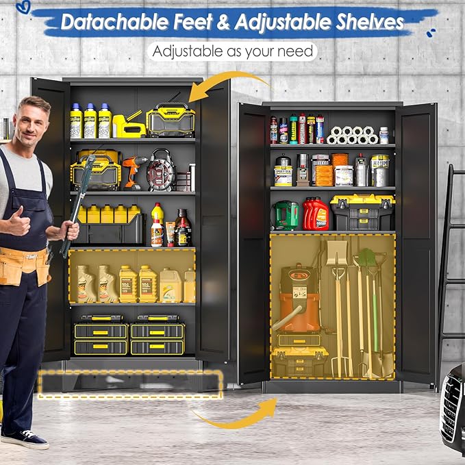 GAIOUS 71" Tall Metal Storage Cabinet with 2 Doors and 4 Adjustable Shelves, Kitchen Pantry Cabinet Black Freestanding Cupboard, 5 Tier Multifunctional Steel Storage for Office, Kitchen, Dining Room