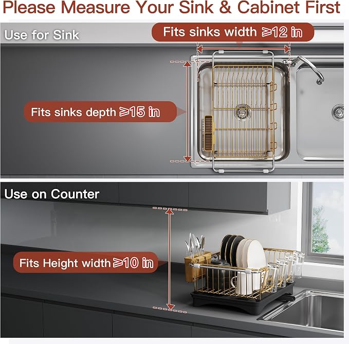 JASIWAY Gold Dish Drying Rack in Sink with Drainboard and Utensil Holder | Use Over the Sink or Counter, Stainless Steel Expandable Dish Drainer for Small Kitchen, Space Saving, Fast Drain, Rustproof