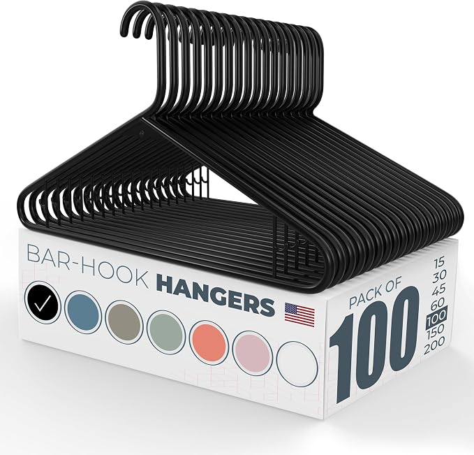 Plastic Hangers 100 Pack – Made in the USA – 6lb Capacity Standard Clothes Hangers with Strap Hooks for Dresses, Lingerie, Shirts, Pants, and Jackets – Black