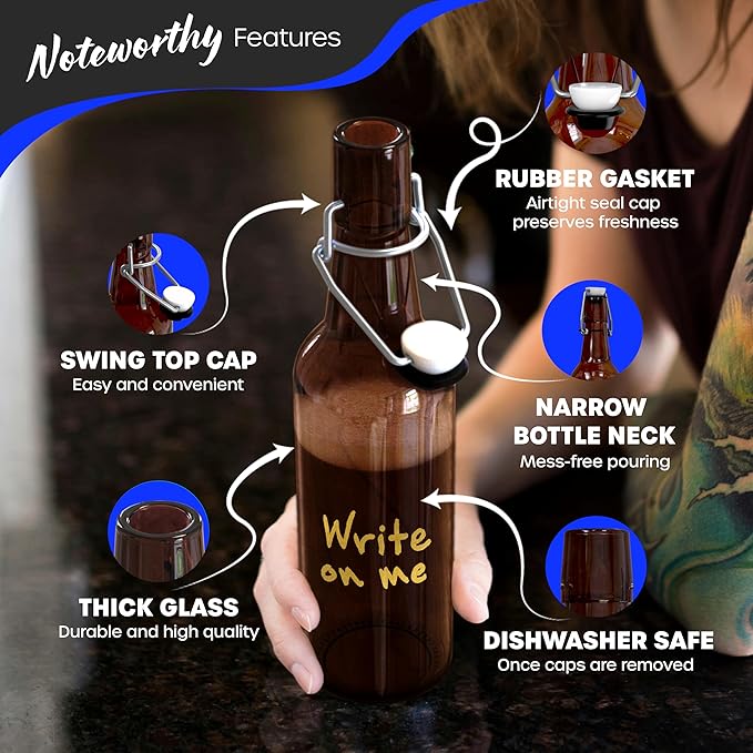 Nevlers Amber Swing Top Glass Bottles 16oz 12 Pack | Empty Beer Bottles for Home Brewing , Fermentation or General Storage | Resealable Flip Top Glass Bottle Set | Durable Kombucha Bottle Bottling Kit