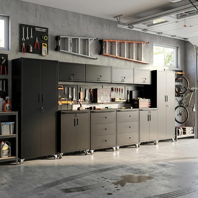 10-Piece Heavy Duty Steel Garage Cabinet System | All-in-One Modular Garage Cabinet Set for Ultimate Workshop Organization | Easy Assembly Garage Storage Cabinets & Tool Bench (Black)