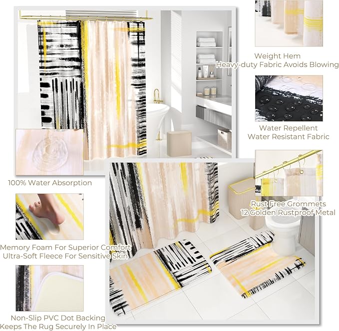 Bathroom Set - Bathroom Accessory Set, Beige Bathroom Set, 26PC Bathroom Sets with Shower Curtain and Rugs, Toilet Brush, Trash Can, Qtip Holder & Bathroom Soap Dispenser Set