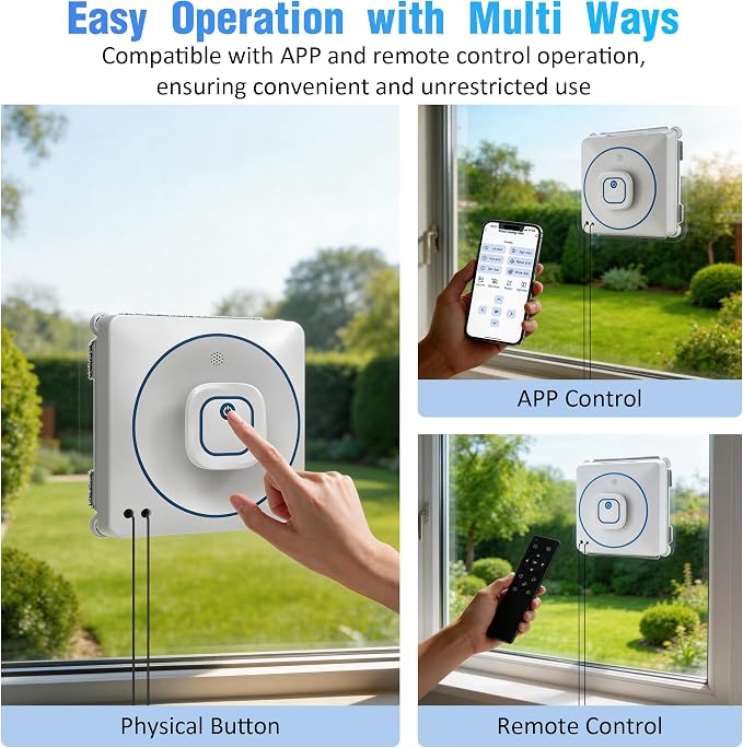 Window Cleaner Robot with 4 Cleaning Modes, 8000Pa Suction Dual Direction Auto-Spray Window Cleaner, Intelligent Path, Edge Detection, Remote Control, 15-Stage Anti-Fall System for Windows