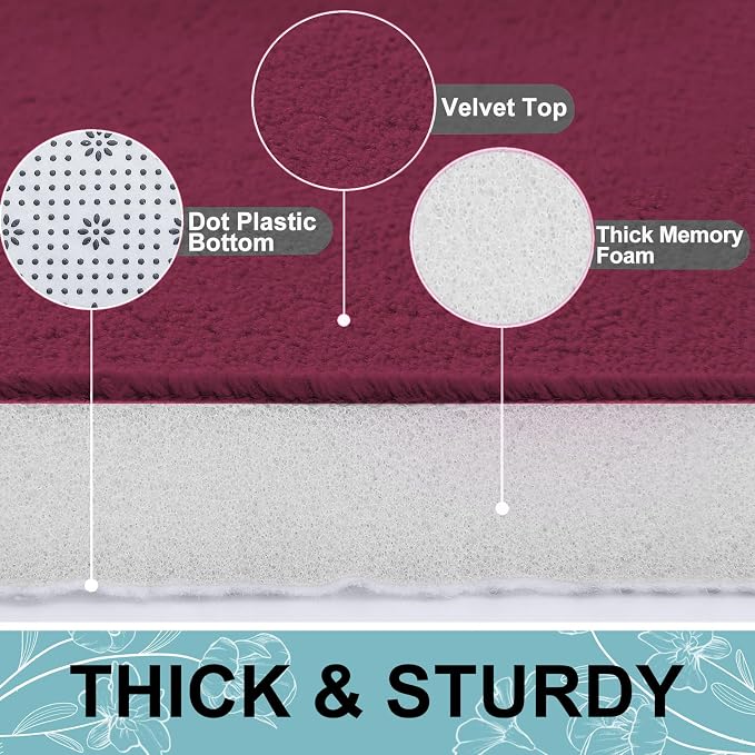 Smiry Memory Foam Bath Mat 24x16, Extra Soft and Absorbent Bathroom Mats, Non Slip Washable Carpet for Floor, Shower and Tub, Burgundy