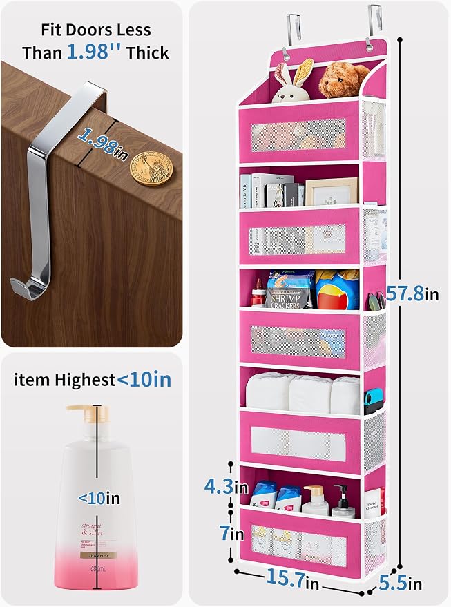 JARLINK Over the Door Organizer for Bathroom, 5 Shelf Rose Pink, 2 Pack | Anti-Tilt Design, 44 lb Load Capacity, Hanging Door Organizer with 5 Large Capacity Pockets, Behind Door Storage for Nursery