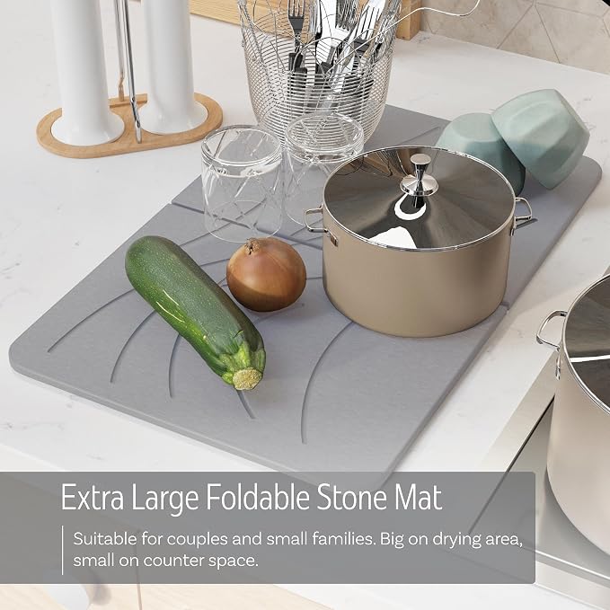 LARGE | PREMIUM | Stone Dish Mat + Bamboo Rack | 24” x 16” | Foldable (Light Gray)