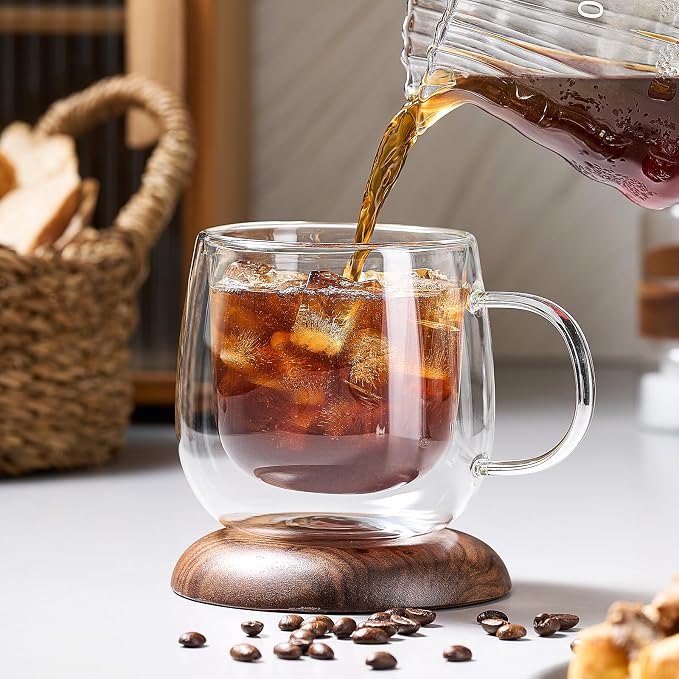 4 Pack Double Walled Glass Coffee Mugs, 16 oz Large Insulated Clear Coffee Cups with Handle, Cappuccino Mug for Espresso, Latte, Americano, Tea Bag, Beverage, Heat & Cold Resistant