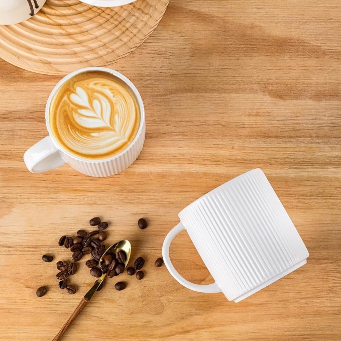 theterra Ceramic Coffee Mugs Set of 6, 14.2oz Handmade Coffee Cups with Handle for Latte, Tea, Milk, Beer, Hot Cocoa, Bright White