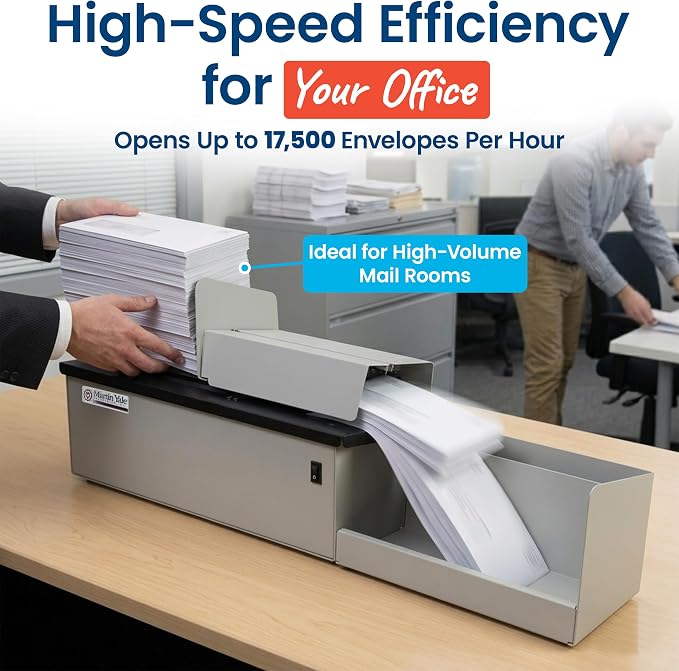 Martin Yale 62001 Deluxe High-Speed Letter Opener, Gray, Up To 17,500 Envelopes per Hour, Accepts a 6" Tall Stack of Envelopes, 500,000 per Month Capacity