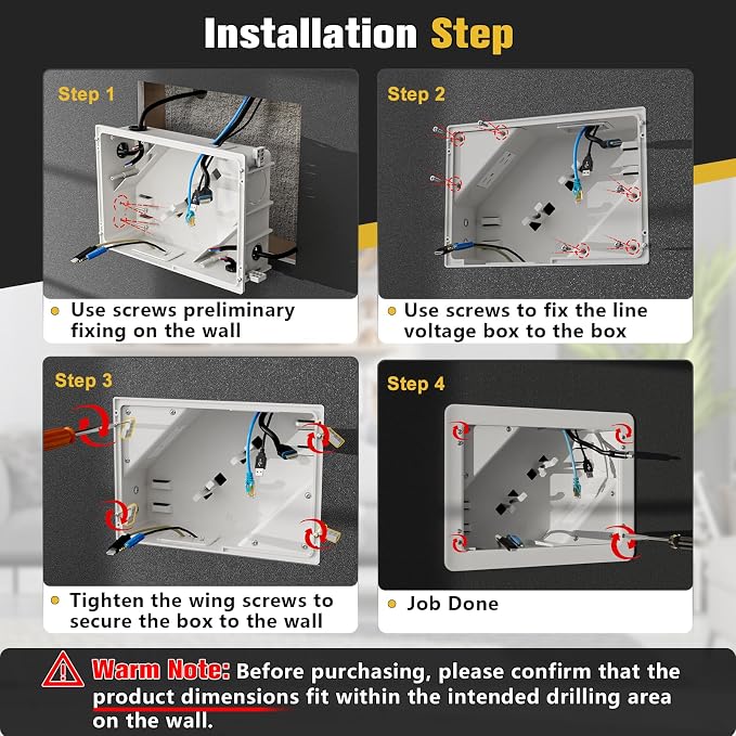 in-Wall TV Box with Flange for Home Theater Installation, 11.9" x 8.4" Cord Hider for Wall Mounted TV, with 2 Outlets, Cable Bracket, LV Cable & 1-1/2" ENT Entrance, Ideal for New or Retrofit Job