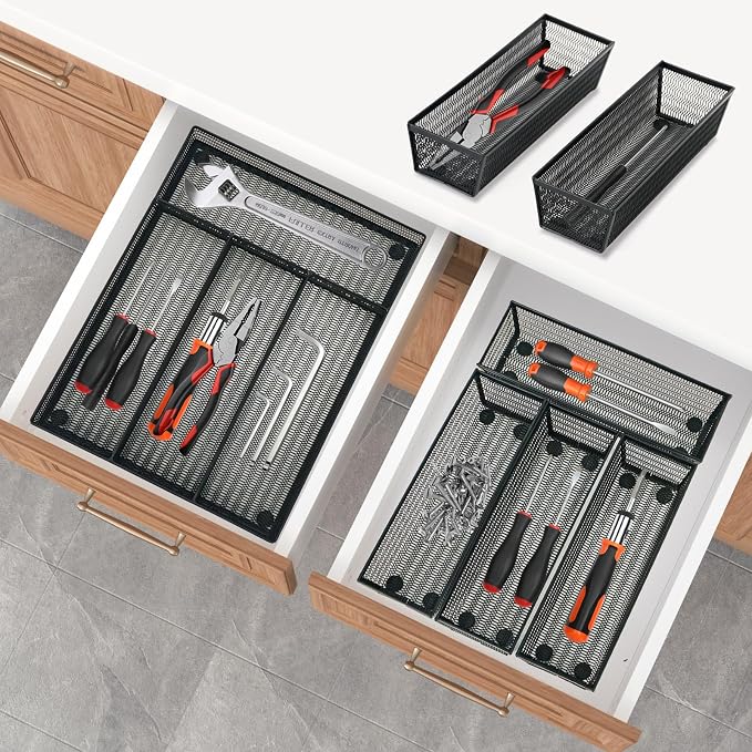 Neudeco Drawer Organizer Set, Black Mesh, 5 Pack | 4-Compartment Silverware Organizer Tray, 4 Utensil Trays, For Flatware, Cutlery, Office Supplies, Non-Slip