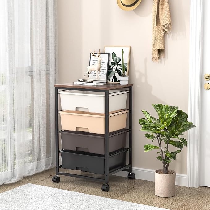 SYKIARIOL Utility Cart with 4 Drawers,Rolling Storage Cart with Drawers,Storage Rolling Drawer Cart,Brown