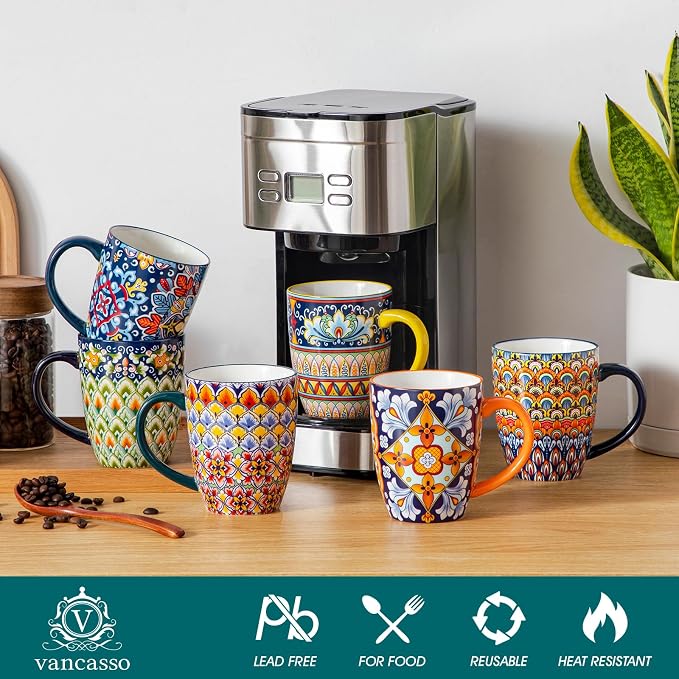 vancasso SIMI 16 oz Large Coffee Mugs Set of 6 – Bohemian Ceramic Cups with Handle, Perfect for Latte, Tea, Hot Chocolate, Dishwasher & Microwave Safe Ideal Gift
