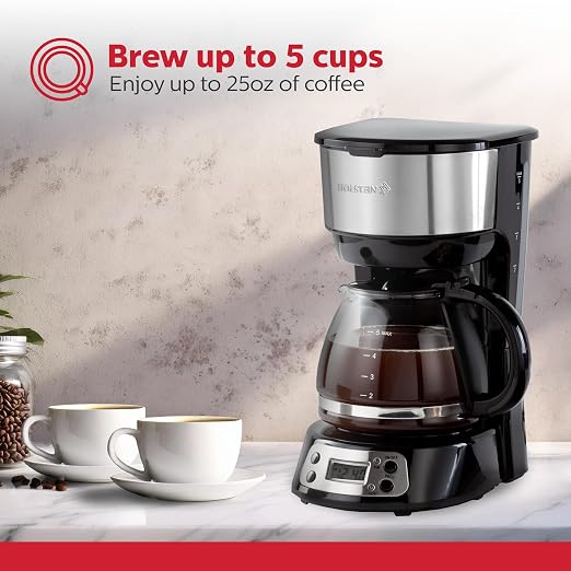 Holstein Housewares 5-Cup Programmable Coffee Maker, 25oz Drip Coffee Machine with Auto Brew Timer, Pause & Serve, Compact Design – Perfect for Home, Office & Dorm Use, Black