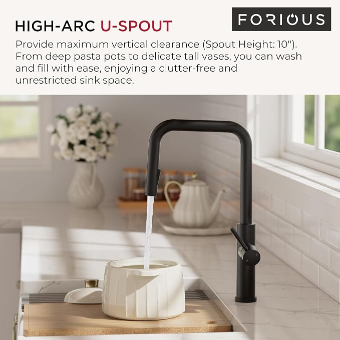 FORIOUS Kitchen Faucet with Pull Down Sprayer, Matte Black Single Handle U-Spout Stainless Steel Kitchen Sink Faucet, 1 or 3 Hole Deck Mount for RV, Bar, Farmhouse, Laundry, Outdoor