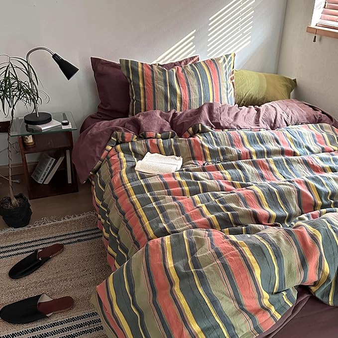 mixinni Vintage Striped Duvet Cover Set Queen Size - 3 Piece 100% Washed Cotton Bedding Set, Soft & Breathable, Colorful Striped Pattern Printed Comforter Cover for All Seasons