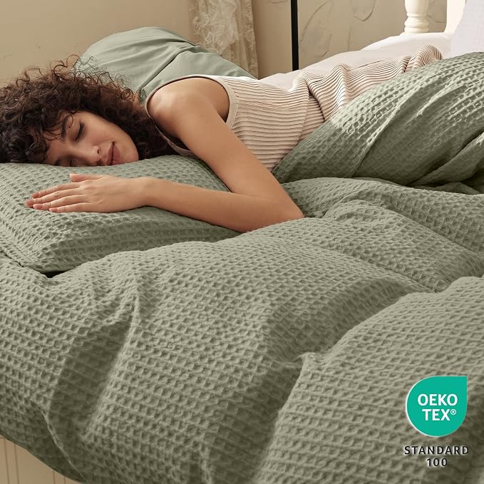 PHF Waffle Duvet Cover Set King Size, No Snagging Ultra Soft Luxury Textured Breathable Comforter Cover for All Season 3pcs, Durable Bedding Duvet Set with 2 Pillow Shams, 104"x90", Dusty Sage