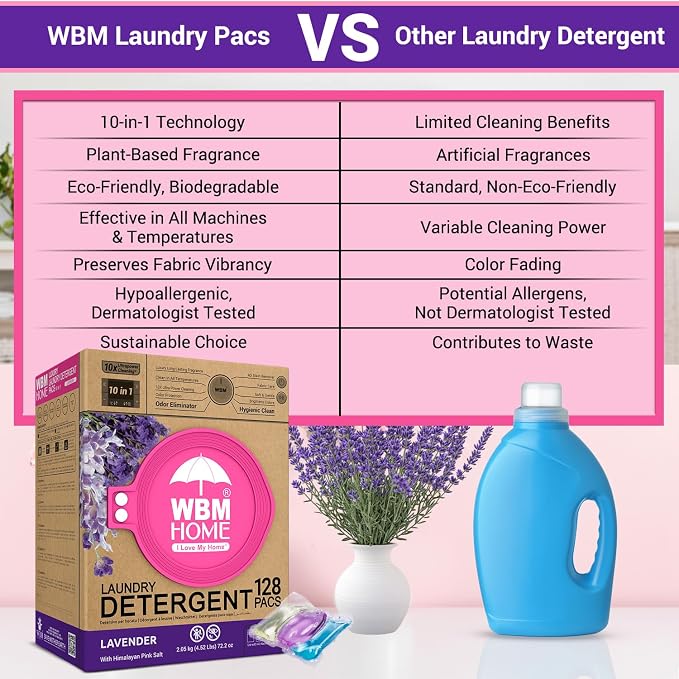 WBM 10-in-1 Laundry Detergent Pods, Fabric Softener with Lavender Extracts, High-Efficiency Laundry Pods with Powerful Stain Lifter Technology - 128 Count Bag