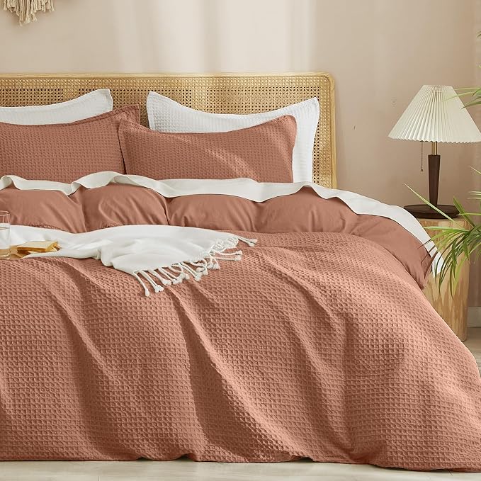 PHF Waffle Weave Duvet Cover Set Queen Size, No Snagging Ultra Soft Luxury Textured Breathable Comforter Cover for All Season 3pcs, Durable Bedding Duvet Set with 2 Pillow Shams, 90"x90", Terra Cotta