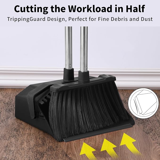Tiumso 3-Pack Broom with Dustpan Combo Set, Commercial Broom and Dustpan Set, Dust Pan with Long Handle, 51'' Large Brooms with Self-Cleaning Dust Pan Teeth for Restaurant Lobby Garage - Black