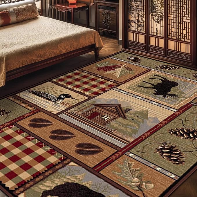 Rustic Cabin Deer Rugs 4x6 Feet Western Wildlife Bear Print Area Rug for Laundry Room Dining Room Entrance Non-Slip Lodge Bear Indoor Entryway Mat