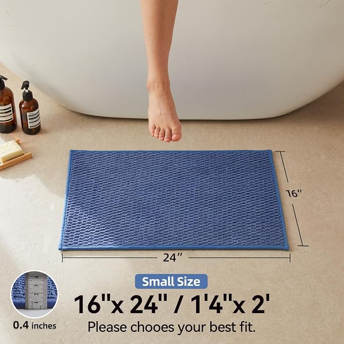 Triohero Bathroom Rugs Non Slip Washable, Super Absorbent Thin Bath Mat Small Quick Dry Low Pile Bathroom Rug, Denim Blue 16"x24"