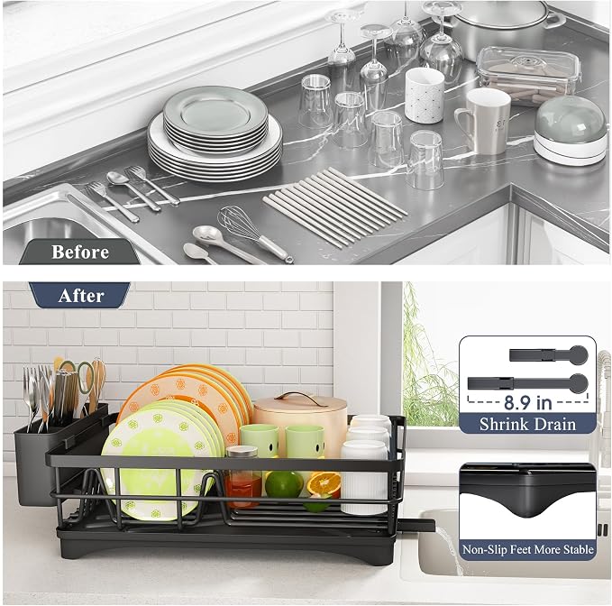 SAYZH Dish Drying Rack for Kitchen Counter with Utensil Holder, Black | Stainless Steel, Large Capacity, Angled Drainboard, Rotating Spout, Removable to Clean