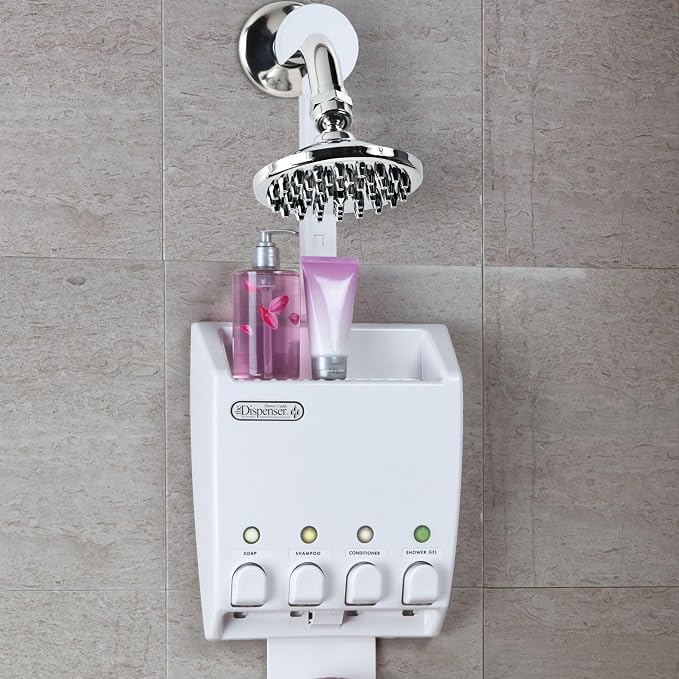 Better Living Ulti-Mate Shower Dispenser Caddy, 4 x 14.5 oz, White | Wall Mount 4 Chamber, Shower Dispenser for Bathroom, Shelf, Built-in Hooks & Soap Dish, No Drill